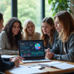 Groupe d'étudiants universitaires autour d'un ordinateur avec diagrammes AI