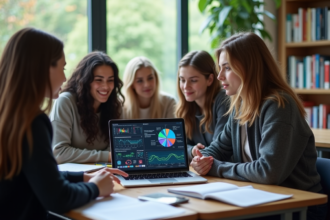 Groupe d'étudiants universitaires autour d'un ordinateur avec diagrammes AI