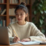 Jeune femme travaillant sur un exercice interactif de classes grammaticales avec un cahier et un ordinateur portable sur un bureau en bois