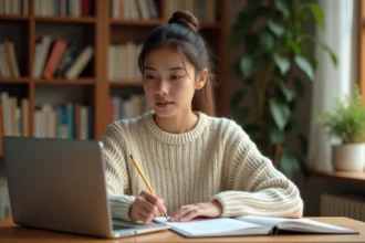 Jeune femme travaillant sur un exercice interactif de classes grammaticales avec un cahier et un ordinateur portable sur un bureau en bois