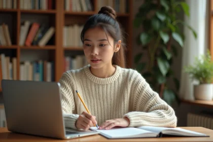 Jeune femme travaillant sur un exercice interactif de classes grammaticales avec un cahier et un ordinateur portable sur un bureau en bois