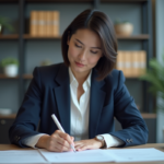 Femme d'âge moyen remplissant un document officiel au bureau