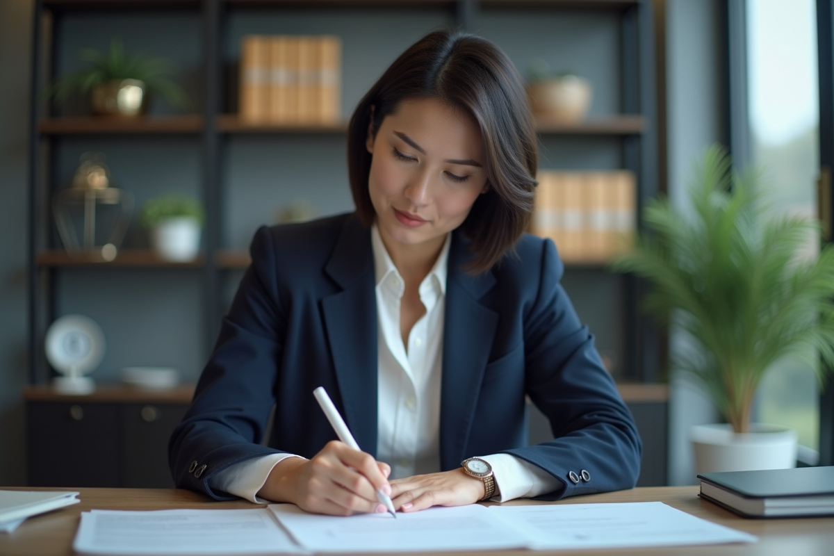 Femme d'âge moyen remplissant un document officiel au bureau