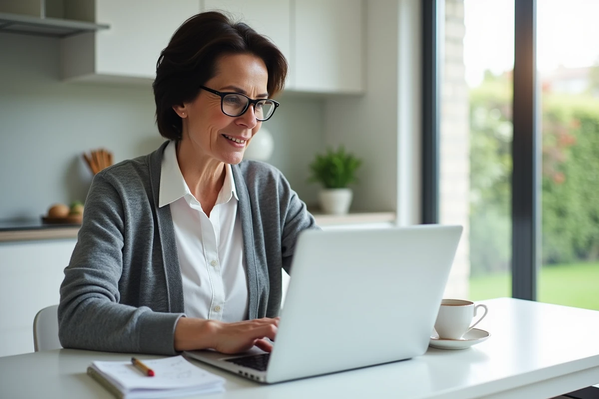 Femme adulte s'exerçant en autonomie sur les classes grammaticales françaises via un exercice interactif sur ordinateur portable dans une cuisine moderne