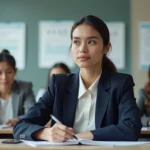 Femme adulte concentrée prenant des notes lors d'une formation professionnelle courte dans un centre de formation agréé
