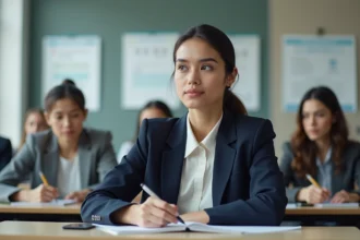 Femme adulte concentrée prenant des notes lors d'une formation professionnelle courte dans un centre de formation agréé
