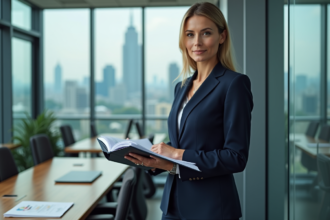 Femme d affaires confiante avec dossier de rapports financiers