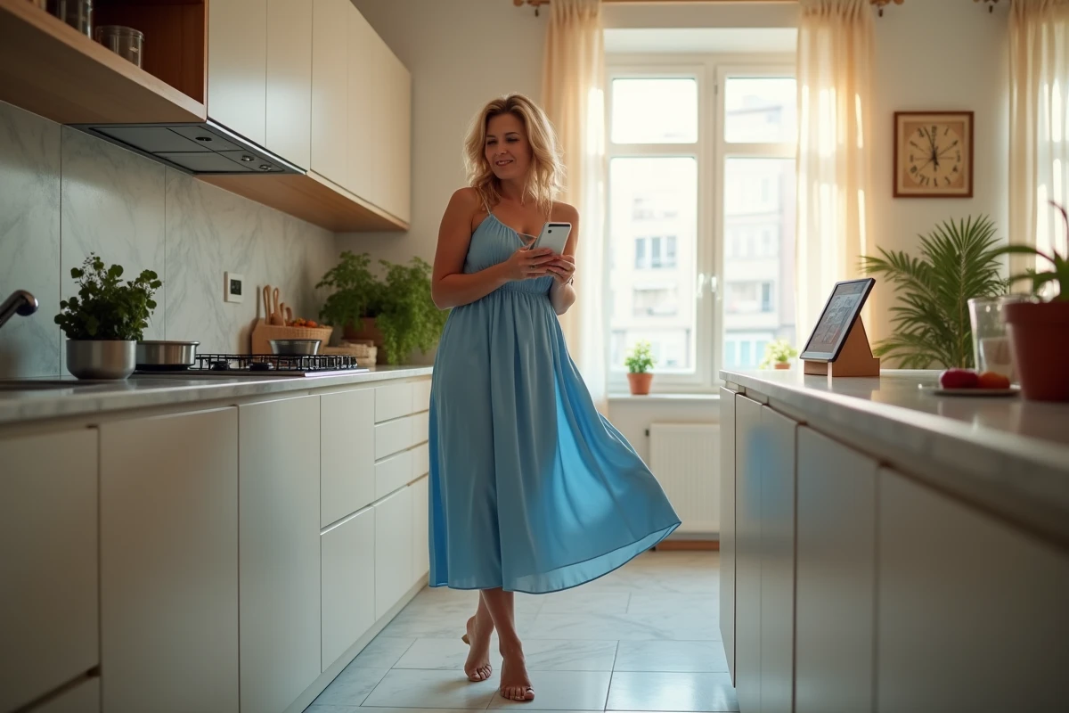 Femme apprenant les pas du sirtaki seule dans sa cuisine grâce à un tutoriel vidéo