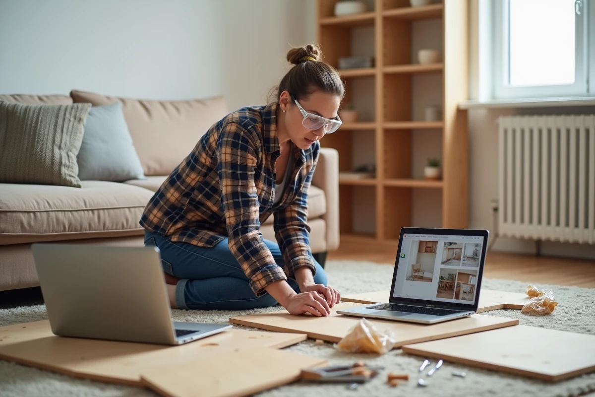 Femme assemblant des meubles en kit dans un salon avec tutoriel bricolage ouvert sur ordinateur portable