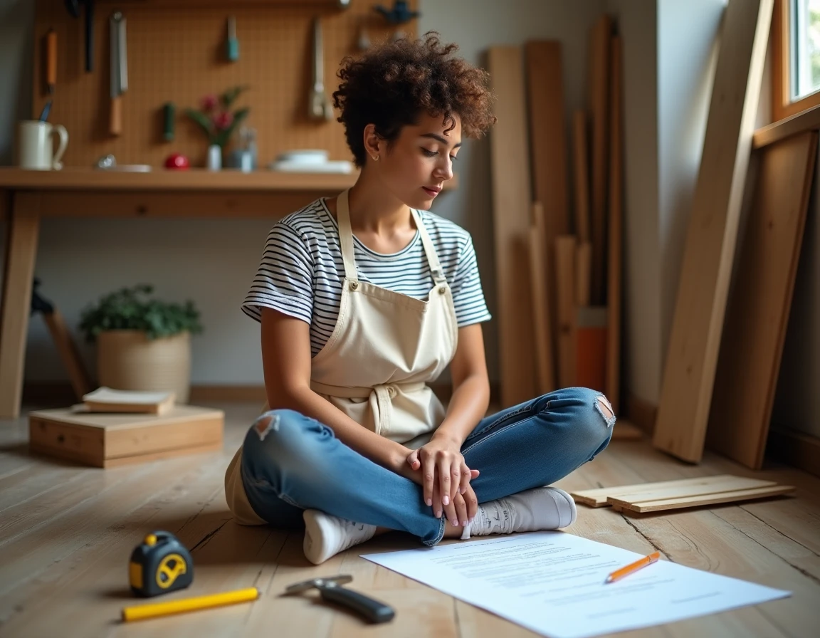 Jeune femme lisant des instructions de bricolage entourée de planches en bois dans un atelier maison, apprentissage du DIY féminin