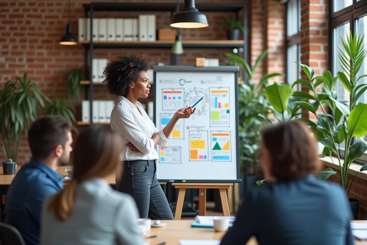 Femme en brainstorming avec tableau blanc coloré