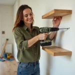 Femme autonome en train de visser une étagère murale dans un appartement moderne, illustrant l'apprentissage du bricolage au féminin
