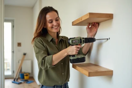 Femme autonome en train de visser une étagère murale dans un appartement moderne, illustrant l'apprentissage du bricolage au féminin