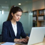Femme au bureau travaillant sur son ordinateur portable
