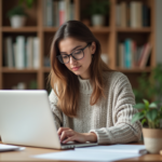 Jeune femme au bureau à la maison en sweater et lunettes