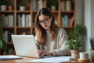 Jeune femme au bureau à la maison en sweater et lunettes