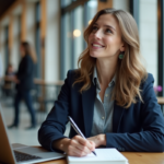 Jeune femme au café esquissant des idées d'entreprise