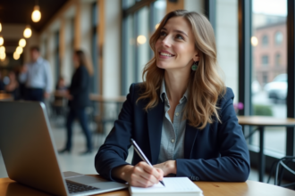 Jeune femme au café esquissant des idées d'entreprise