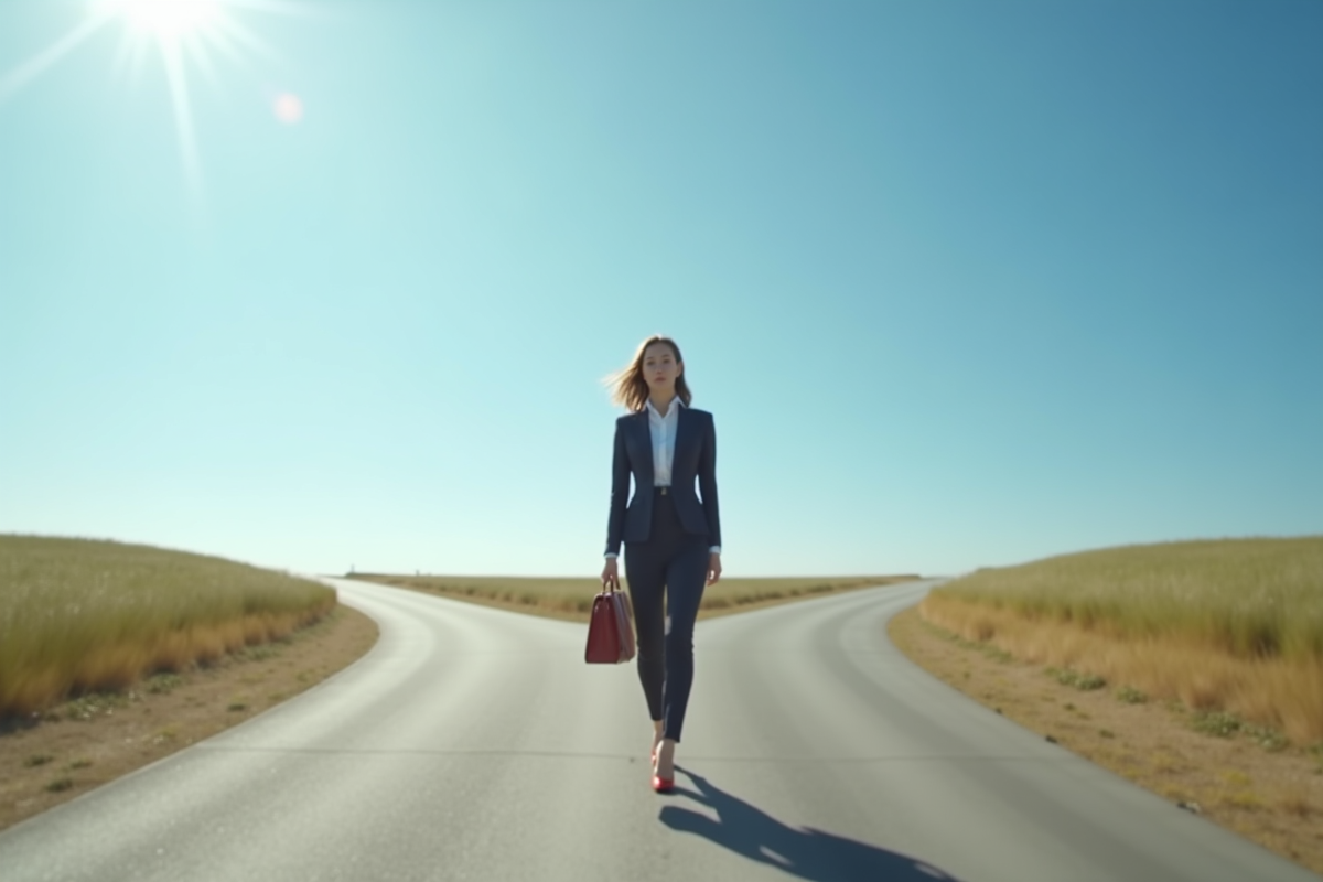 Femme confiante à un carrefour en plein air sous un ciel bleu