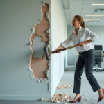 Femme confiante brisant un mur de bureau avec un marteau