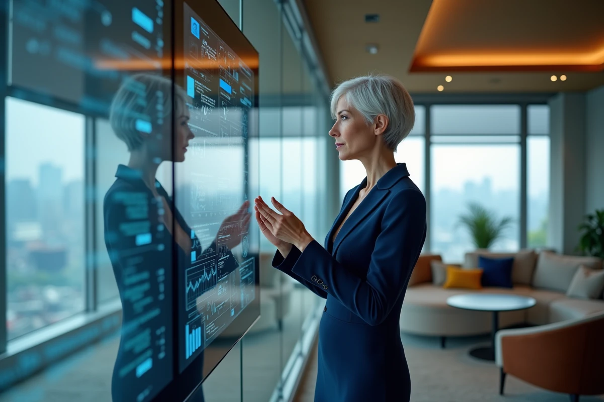 Femme CEO examinant des données sur un panneau tactile dans un bureau