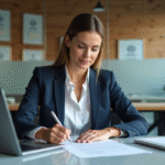 Femme confiante remplissant un formulaire ICF dans un bureau moderne