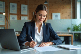 Femme confiante remplissant un formulaire ICF dans un bureau moderne