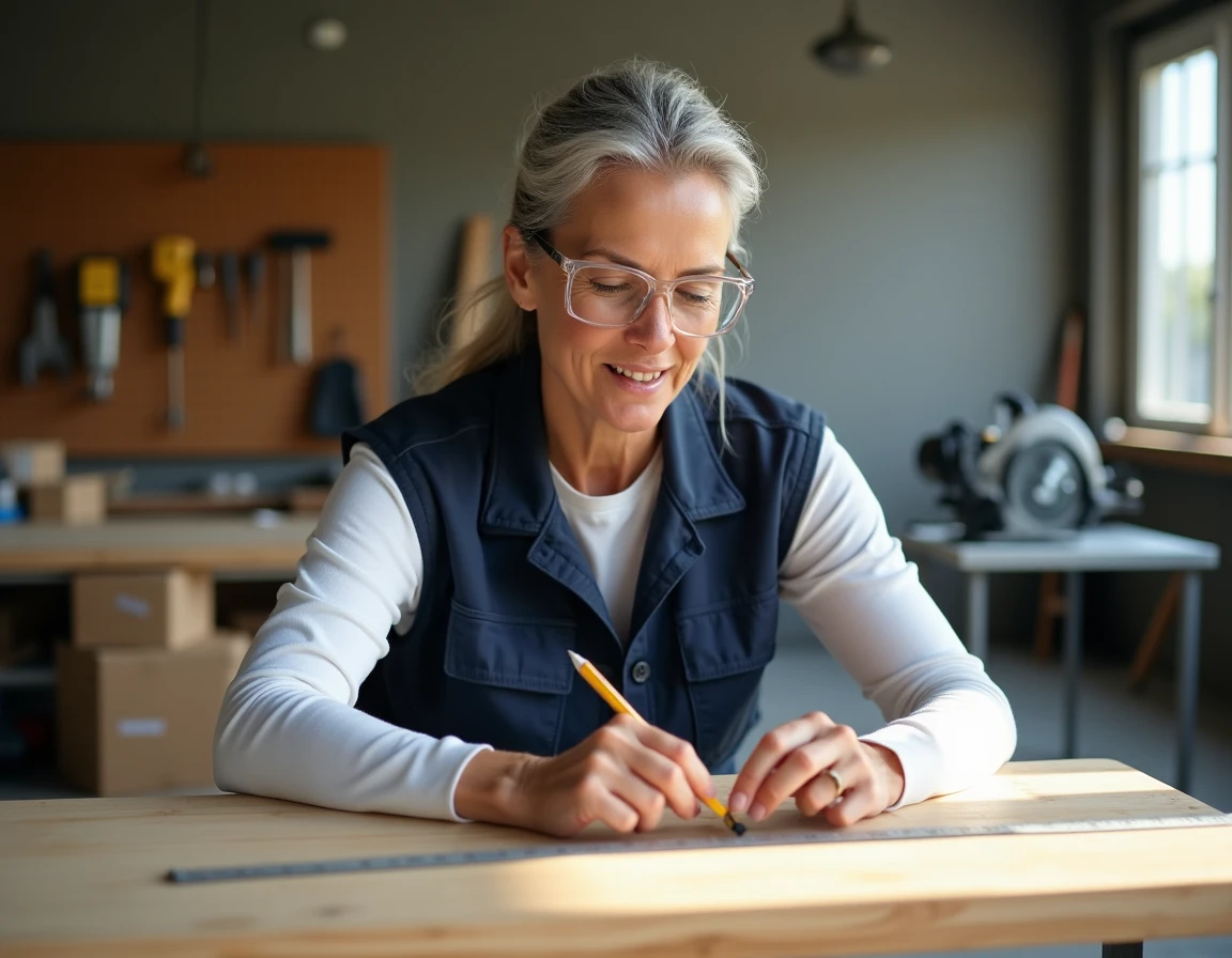 Femme de cinquante ans mesurant une planche en bois dans un garage atelier, représentant l'autonomie féminine dans le bricolage