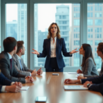 Femme confiante en réunion d'affaires en bureau moderne