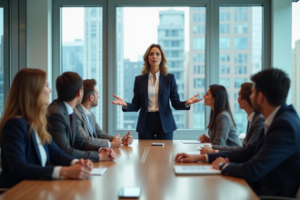 Femme confiante en réunion d'affaires en bureau moderne