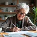 Femme âgée en cardigan lisant un journal et faisant un puzzle
