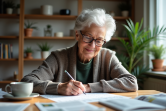 Femme âgée en cardigan lisant un journal et faisant un puzzle