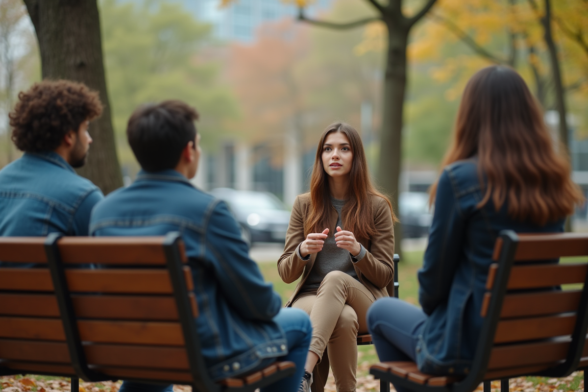 Jeune femme en discussion dans un parc urbain