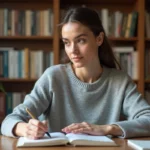 Femme concentrée qui écrit dans un cahier de grammaire française sur un bureau en bois avec des livres de conjugaison en arrière-plan
