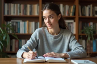 Femme concentrée qui écrit dans un cahier de grammaire française sur un bureau en bois avec des livres de conjugaison en arrière-plan
