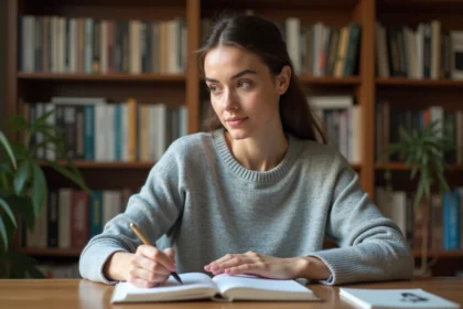 Femme concentrée qui écrit dans un cahier de grammaire française sur un bureau en bois avec des livres de conjugaison en arrière-plan