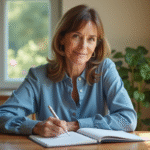 Femme d'âge moyen écrivant dans sa cuisine lumineuse