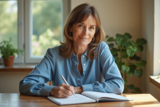 Femme d'âge moyen écrivant dans sa cuisine lumineuse