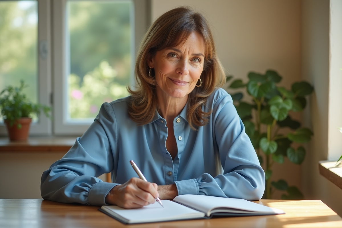 Femme d'âge moyen écrivant dans sa cuisine lumineuse