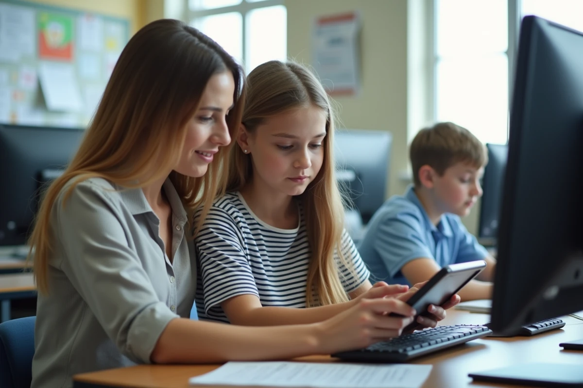 Femme aidant une lycéenne avec une tablette dans un laboratoire scolaire