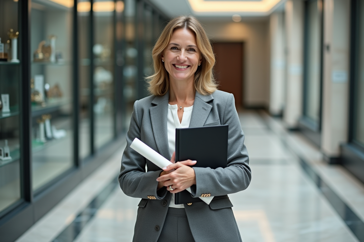 Femme confiante avec diplôme et livre dans un couloir universitaire
