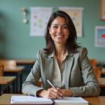 Femme en classe avec un cahier dans un environnement moderne