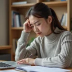 Jeune femme révisant un entraînement TOEIC sur un bureau en bois avec un cahier annoté et un ordinateur portable