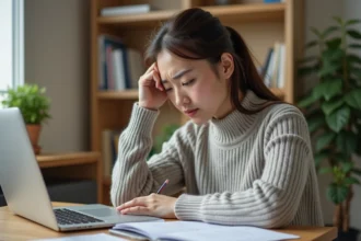 Jeune femme révisant un entraînement TOEIC sur un bureau en bois avec un cahier annoté et un ordinateur portable