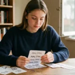 Jeune femme étudiant l'anglais avec des fiches AM PM posées sur un bureau en bois