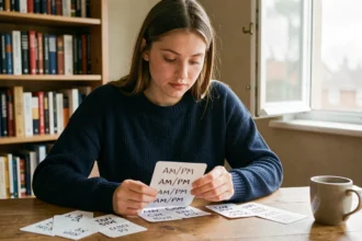 Jeune femme étudiant l'anglais avec des fiches AM PM posées sur un bureau en bois