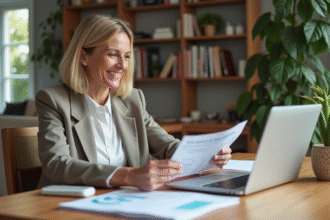 Femme d'âge moyen en tenue décontractée dans un salon lumineux