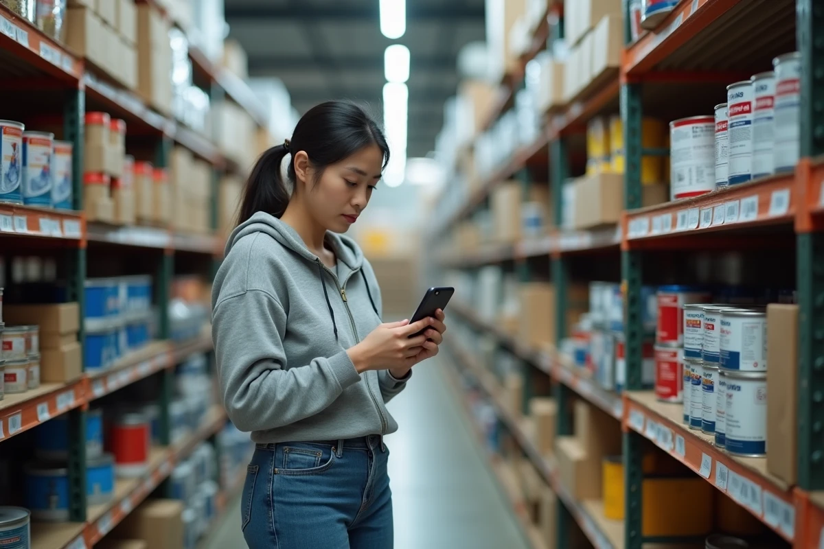 Femme consultant son smartphone dans un magasin de bricolage pour trouver une formation CPF éligible