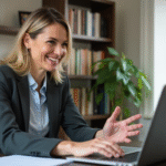 Femme professionnelle souriante lors d'une formation en ligne