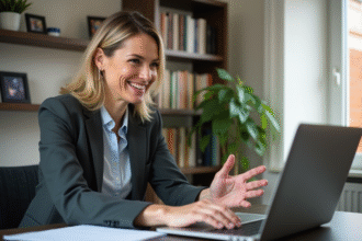 Femme professionnelle souriante lors d'une formation en ligne